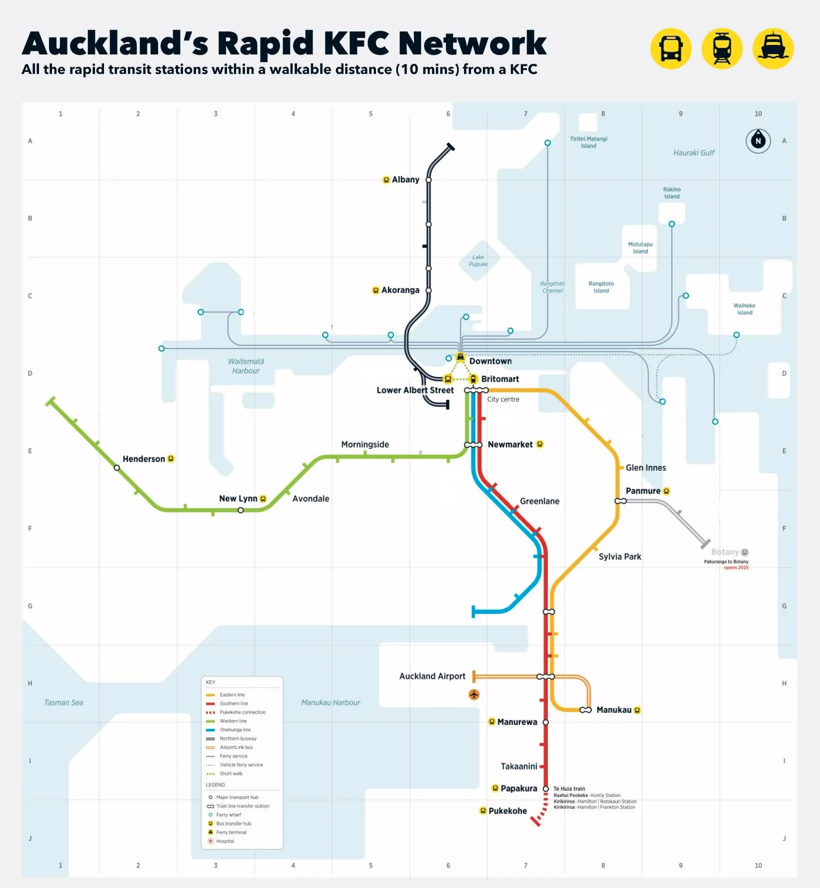 Map of Auckland rapid transit stations within walking distance from a KFC